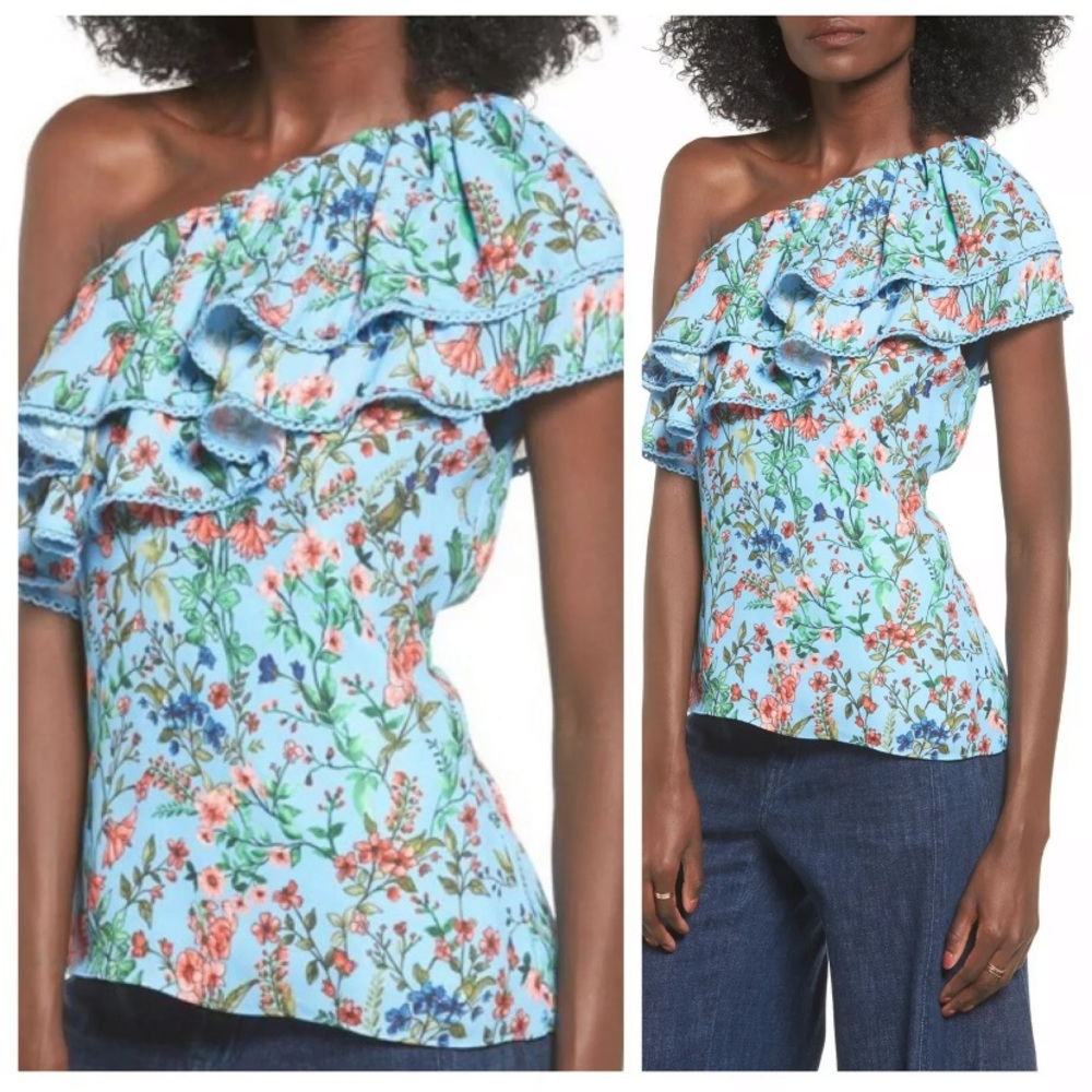 Devlin Blue Floral Ruffle One Shoulder Blouse, XS